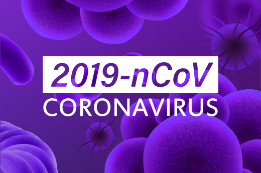 Purple bubbles on purlpe banner written 2019-nCov CORONAVIRUS